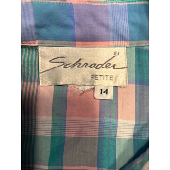 80’s Schrader pastel plaid pink blue button up short sleeve dress 14P - Picture 5 of 5